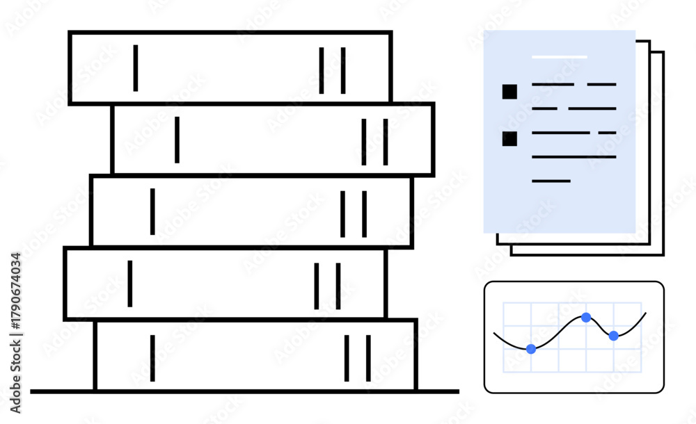 Fototapeta premium Stack of books, document stack with bullet points, and a line graph with data points. Ideal for education, research, analytics, learning, progress tracking, academic success productivity and simple