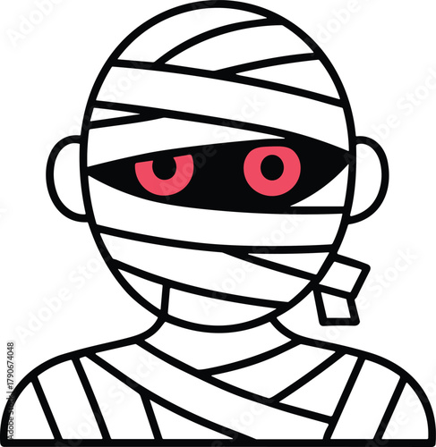 Halloween mummy cartoon illustration, spooky bandaged monster character with red eyes, creepy festive artwork, whimsical seasonal design, vector background