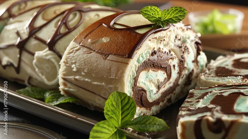 Deliciously crafted ice cream mint chocolate roll cake served with fresh mint garnishes at a dessert gathering