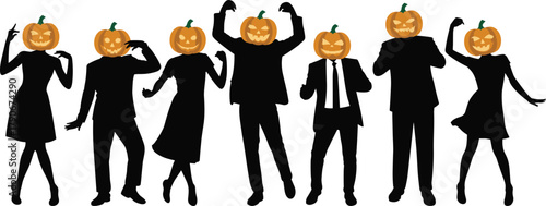 Halloween pumpkin head dancers, jack-o’-lantern silhouettes, spooky festive party, dancing characters artwork, costume celebration illustration, vector holiday design background