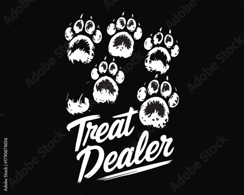 Treat dealer text, stylized paw prints, pet lover graphic design concept