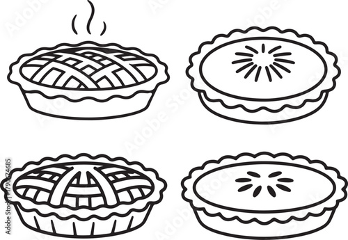 Set of Pie Line Art, Coloring Book Page Line Art Drawing, Vector and Illustration