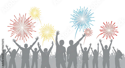 Silhouettes Celebrating with Fireworks Display in the Night