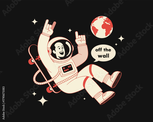 Cool astronaut with skateboard and rock hand sign floating in outer space