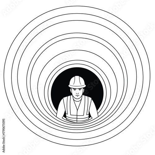 Worker in hard hat and safety vest inside a large pipe tunnel