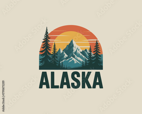 Vintage alaska landscape illustration featuring majestic mountains and sunset