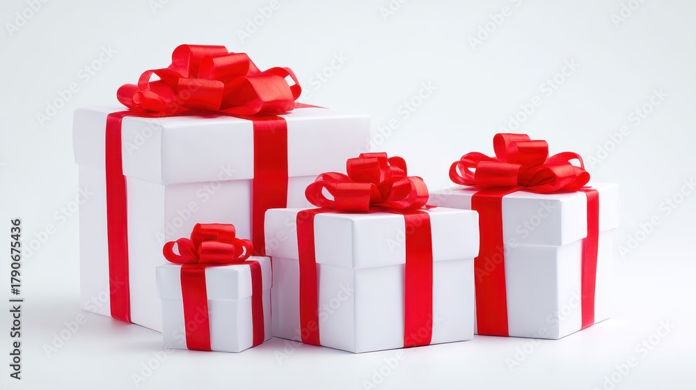 Fototapeta premium Elegant Group of White Gift Boxes Wrapped with Red Ribbon and Bows on White Background Studio Shot Holiday Concept