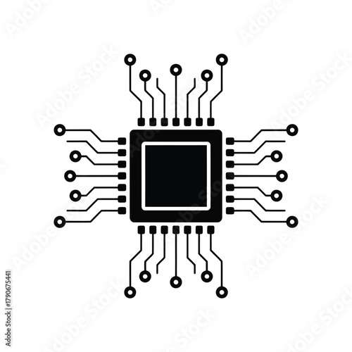 Black microprocessor chip with connected circuit board traces