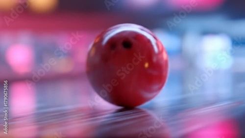 Vibrant red bowling ball rolling down a polished lane with motion blur and colorful neon lights in the background, a fun recreational sport.