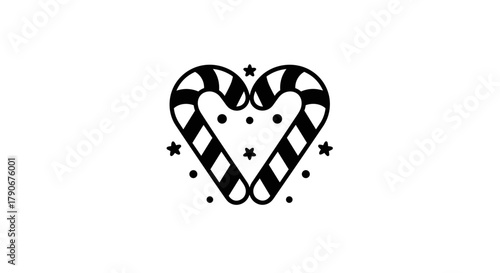 Candy cane heart shape with stars in black and white design  