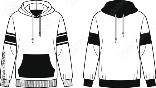 Hoodie sketch, drawstring hood, sleeve stripes, ribbed cuffs, front pocket, fashion cad drawing, vector apparel illustration, cad drawing flat vector illustration