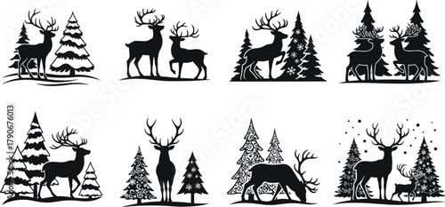 Deer silhouette in forest, pine trees, winter scene, wildlife vector, antlered deer, snow landscape, nature art, black illustration, seasonal design