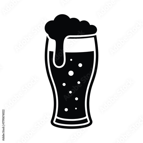 Black and white illustration of a frothy beer in a glass
