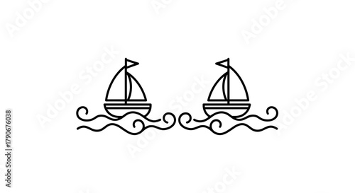 Two sailboats navigating on waves in minimalist line art style  
