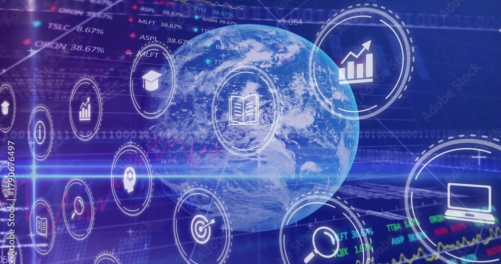 Fototapeta premium Rotating 3D Earth globe displaying circular UI icons, stock tickers, graphs in virtual dashboard
