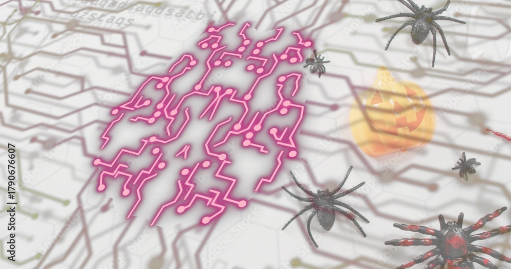 Naklejka premium Glowing neon-pink brainlike circuit pattern hovering over hex grid, with spiders and pumpkin cube