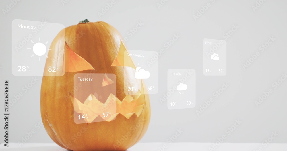 Fototapeta premium Showing carved orange pumpkin sitting on white table in gray studio, weekday weather tiles floating