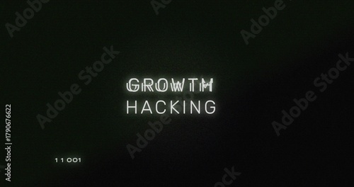 Showing white glitchy GROWTH HACKING text on black screen, green grain, lines, code lower-left