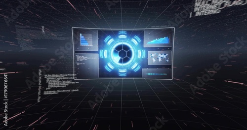 Floating holographic control panel rotating in dark 3D grid, showing blue hub and info panels