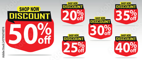 Discount Tags Vector Set, Popup Shop Now Shield Badge, 50, 20, 35, 30, 25, 40 Off, Red Yellow EPS Element