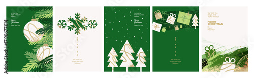 Merry Christmas and Happy New Year greeting cards. Vector illustrations for holiday greeting card, poster, cover, website and social media banner, marketing.