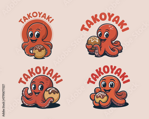 Cute cartoon octopus mascot holding takoyaki illustration set design vector