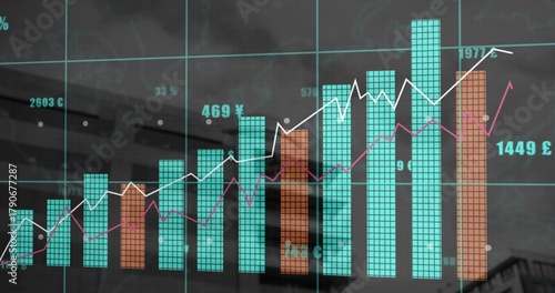 Displaying chart with turquoise orange bars white magenta lines yen pound labels on glass