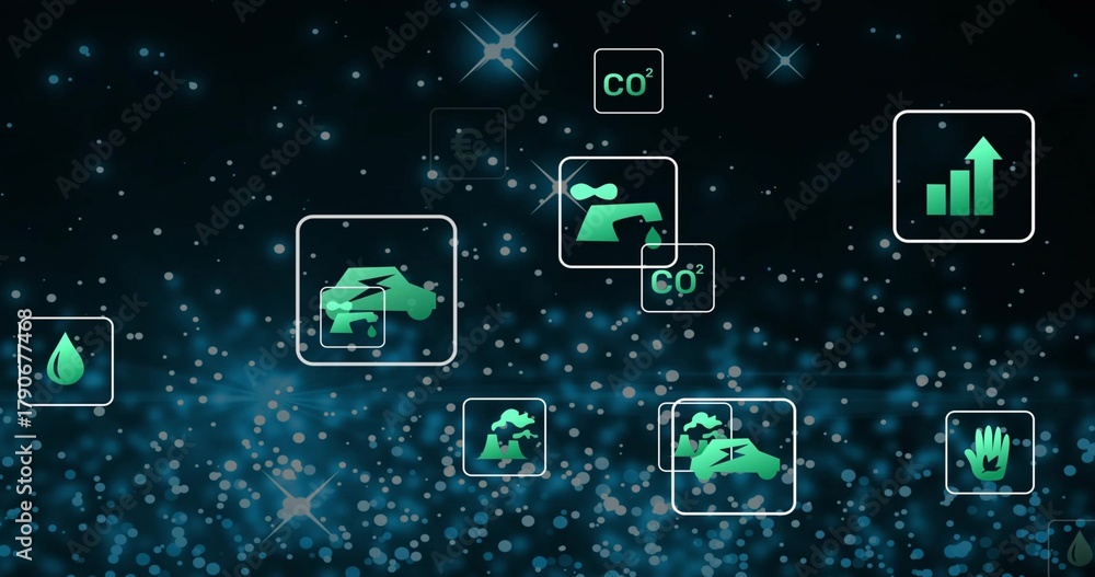 Obraz premium Floating green tile cluster moving across teal dashboard, with electric car, CO2, water, chart
