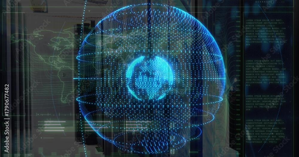Fototapeta premium Rotating blue holographic globe emitting data streams in server room, with HUD overlays and racks