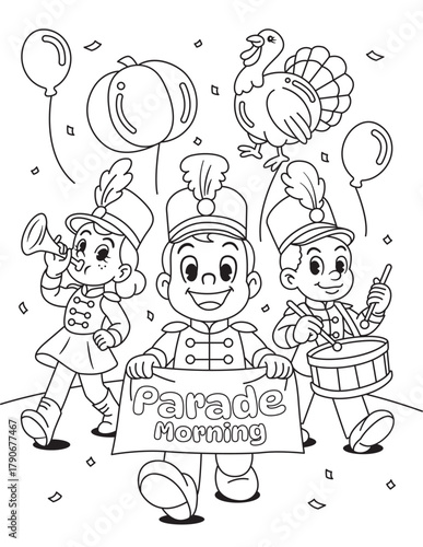 Parade Morning. Thanksgiving parade coloring page with kids in marching band, balloons, and turkey float. Fun holiday printable for children.