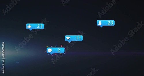 Floating blue bubbles over dark gradient flare showing confetti thumbsup21 heart11 comment2 user23