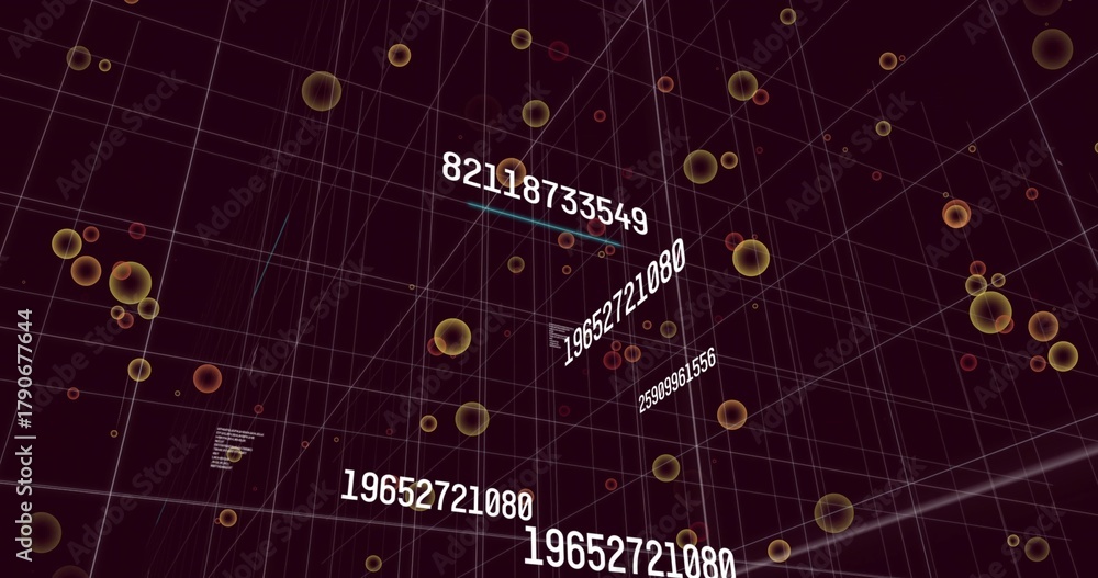Fototapeta premium Floating central white numbers receding within 3D wireframe grid, showing 19652721080 and spheres