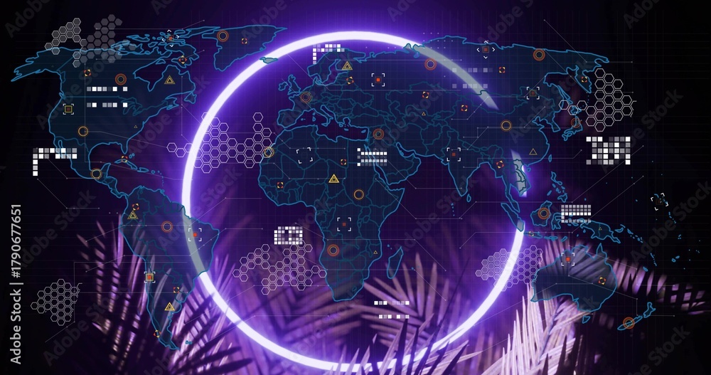 Fototapeta premium Hovering violet ring encircling neon-blue world map in holo UI, showing palm fronds and data nodes
