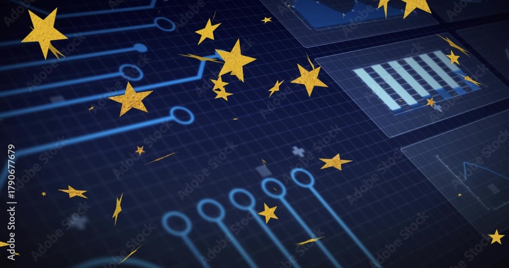 Fototapeta premium Glittering golden stars floating over navy grid with cyan nodes, faint UI panels showing charts