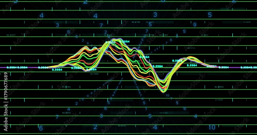 Naklejka premium Displaying neon waveform bundle oscillating across virtual dashboard, showing green grid, markers