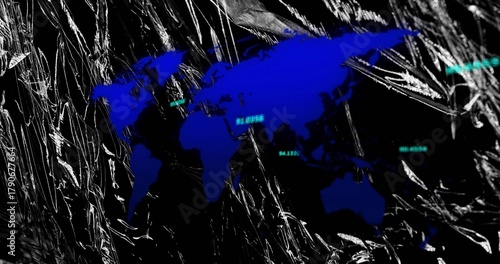 Displaying deep blue world map silhouette on crumpled foil broadcast backdrop showing cyan labels