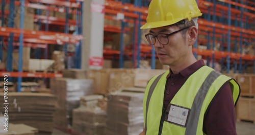 Checking Korean worker in yellow helmet and hi-vis vest inspecting racking at warehouse, copy space