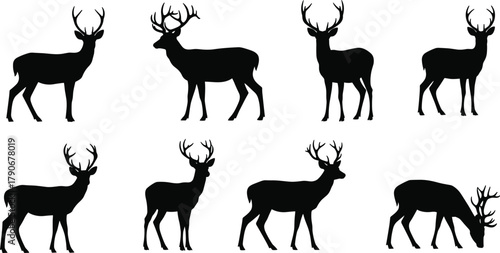 Deer, silhouette, antlers, wildlife, animal, nature, forest, stag, elk, grazing, walking, standing, vector, illustration, black, posture, wild, majestic, profile, herd