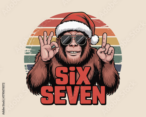 Bigfoot in santa hat and sunglasses with retro sunset 'six seven' text design