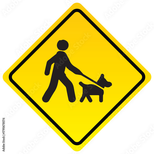 Dog walking area sign yellow diamond shape vector illustration for pedestrian safety and pet-friendly zones