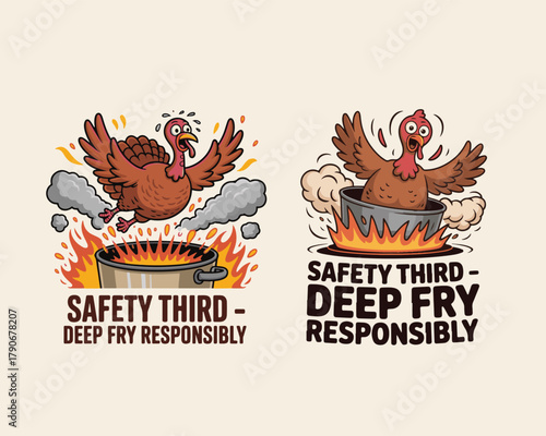 Deep fry turkey safety humor cartoon, scared bird avoids hot oil danger