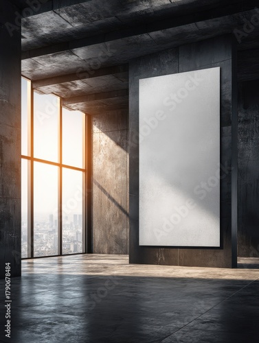 Blank canvas on concrete wall in modern industrial loft with city view from window at sunrise perspective