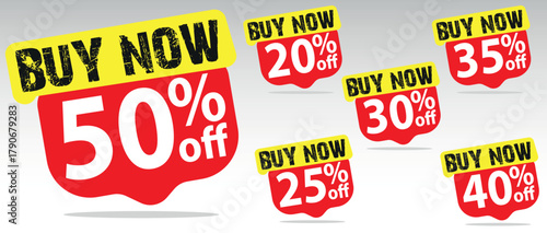 Buy Now Tags Vector Set, Popup Sale Liquid Shape, 50, 20, 35, 30, 25, 40 Off, Red Yellow EPS Element