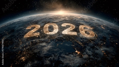 Fototapeta Naklejka Na Ścianę i Meble -  Earth showing year 2026 city lights at sunrise