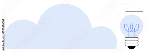 Blue cloud alongside a lightbulb with plant-thumbs up filaments, representing innovation, eco-friendly technology, clean energy, cloud computing, sustainability, minimalism, and creativity. A simple