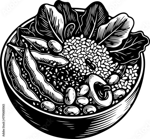 A healthy and nutritious grain bowl filled with edamame, beans, quinoa, and leafy greens in a detailed black and white line art style.