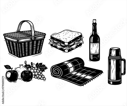 A collection of vintage, black and white illustrated picnic items including a basket, sandwich, wine, fruit, and blanket.
