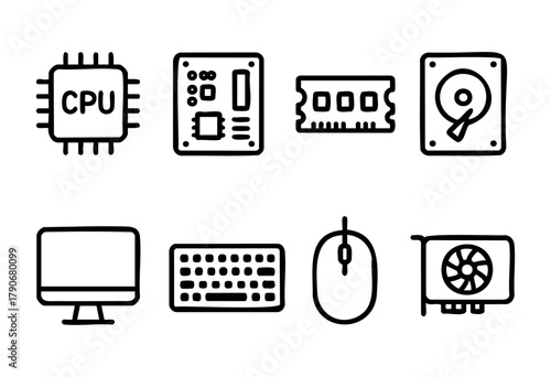Set of simple line drawings showcases essential computer hardware components including CPU, motherboard, RAM, hard drive, monitor, keyboard, mouse, and graphics card.
