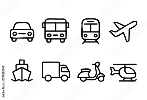 The artwork features different modes of transportation, including cars, buses, trains, planes, ships, trucks, scooters, and helicopters presented in a clean, minimalistic style.
