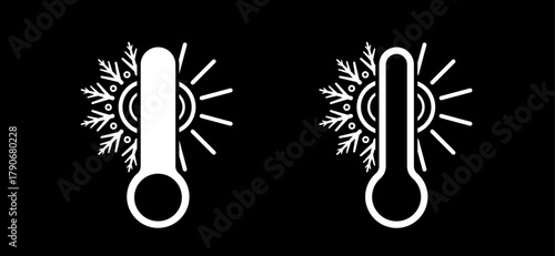 Abstract thermometer measure indicator set vector design with snowflake and sun symbol on black background. Creative weather meteorology icon, summer, winter season illustration. 